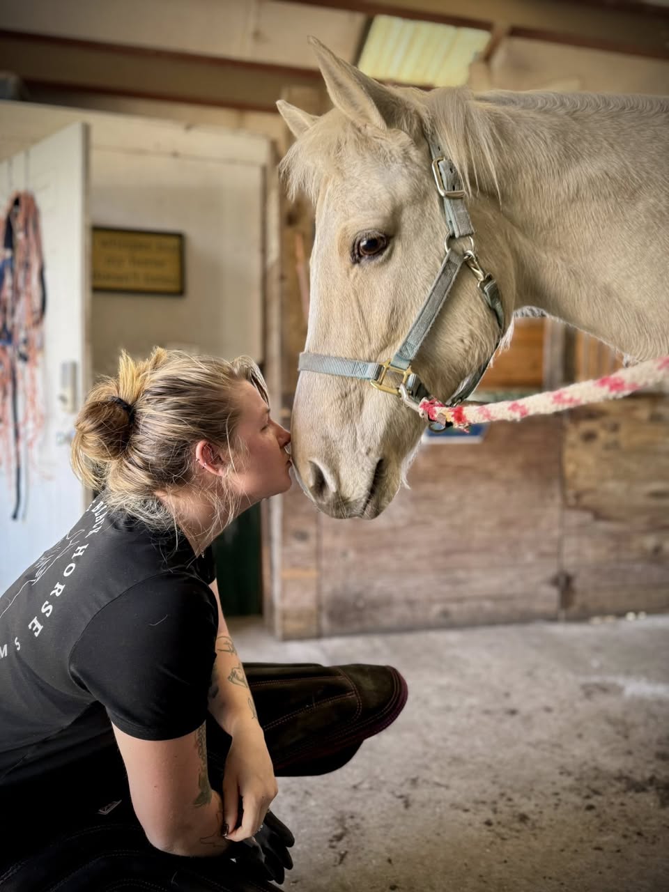 Mariah sharing a moment with a grey horse